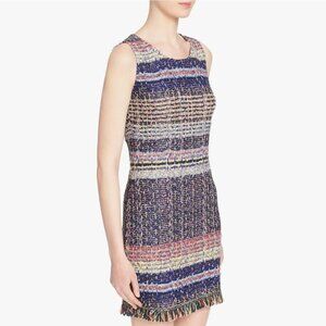SOLD ST. JOHN COLLECTION 10 Ellah Fringe Trim Knit Tweed Sleeveless Sheath Dress
